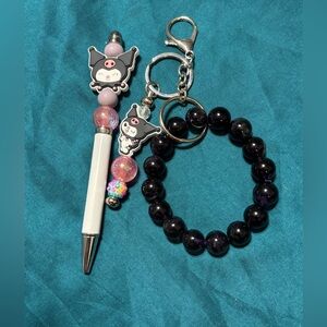 Cute Kuromi inspired Character Pen and Amethyst Bracelet Keychain Set